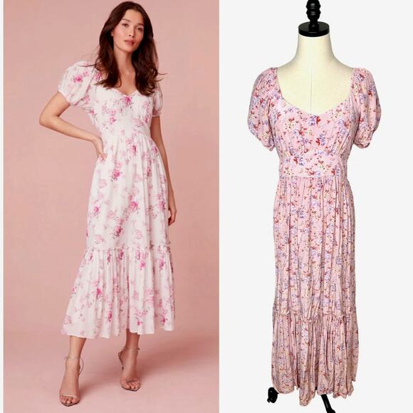 NEW LoveShackFancy 6 Angie SILK Midi Dress $595 Milkmaid Puff Shoulder Rose Pink - Picture 1 of 15